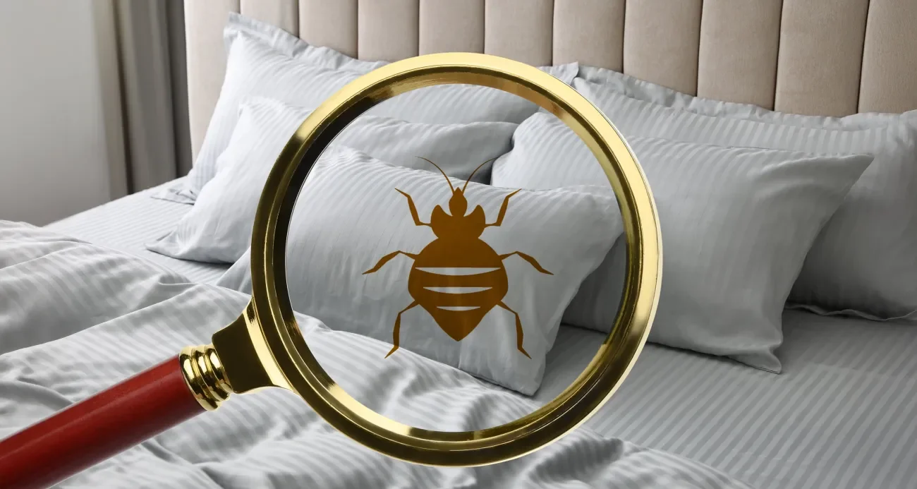 Bett im Hotelzimmer mit großer Lupe und animierter Bettwanze im Vordergrund