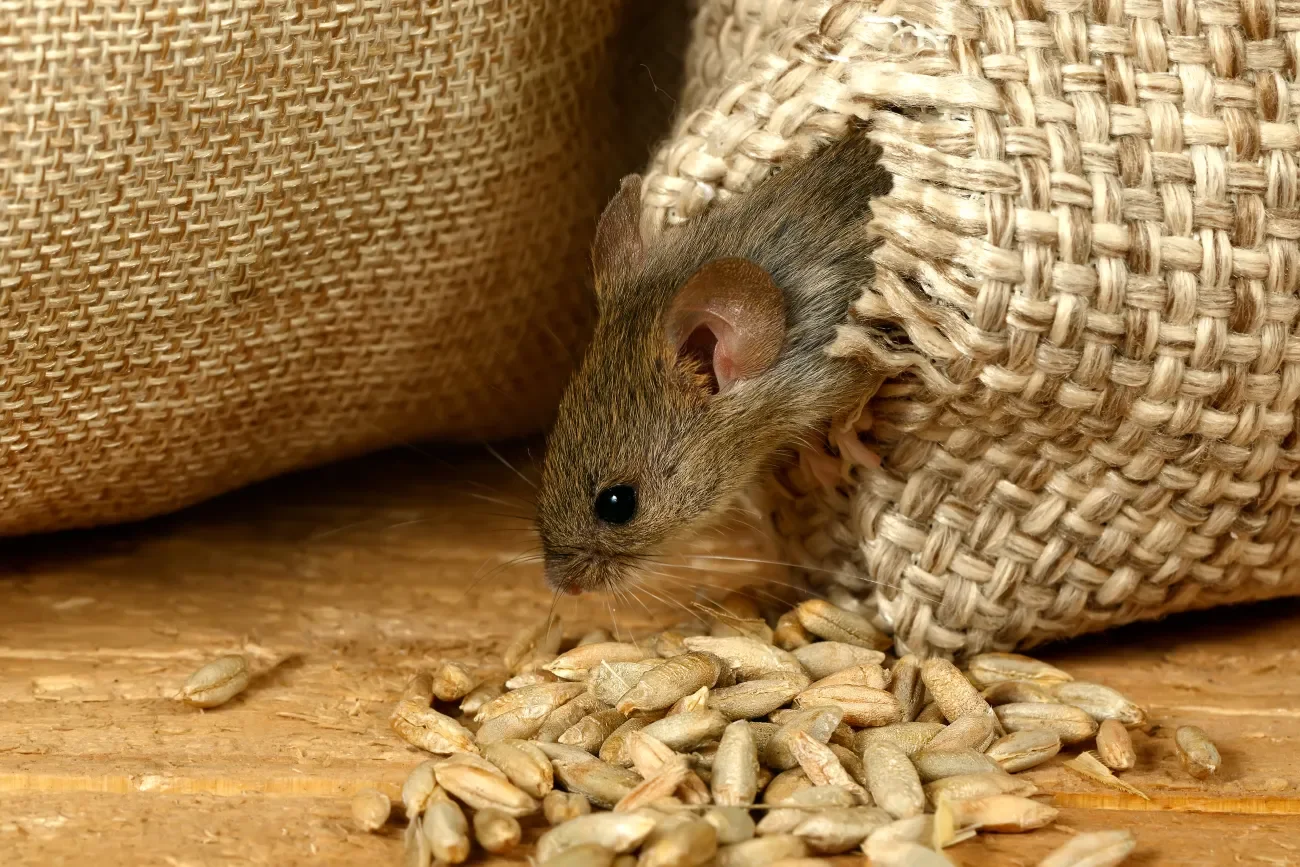 Maus beim Durchfressen eines Kornsacks im Lagerhaus