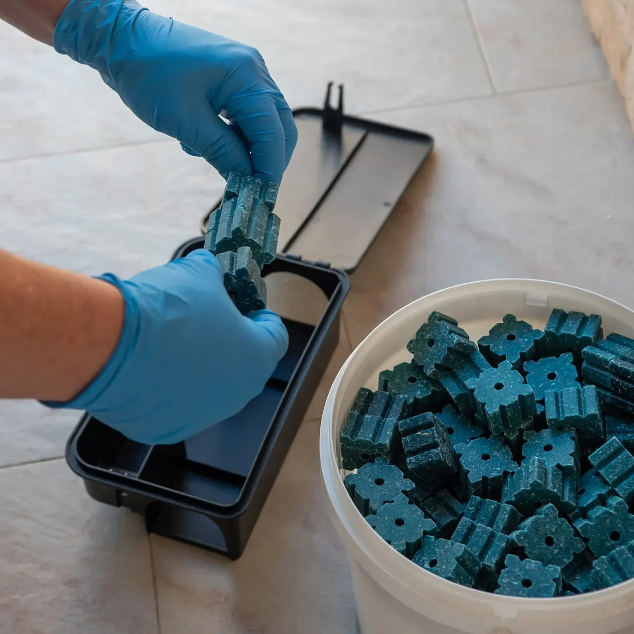 Schädlingsbekämpfer befüllt Köderstation mit Köderblöcken für Nagetiere