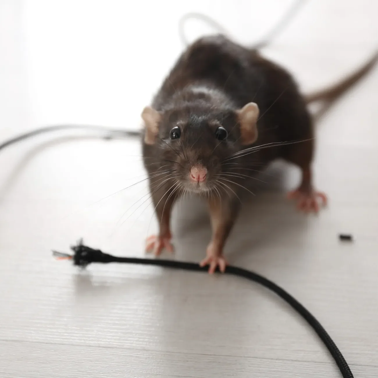 Ratte, die ein Kabel zerfressen hat, schaut in die Kamera