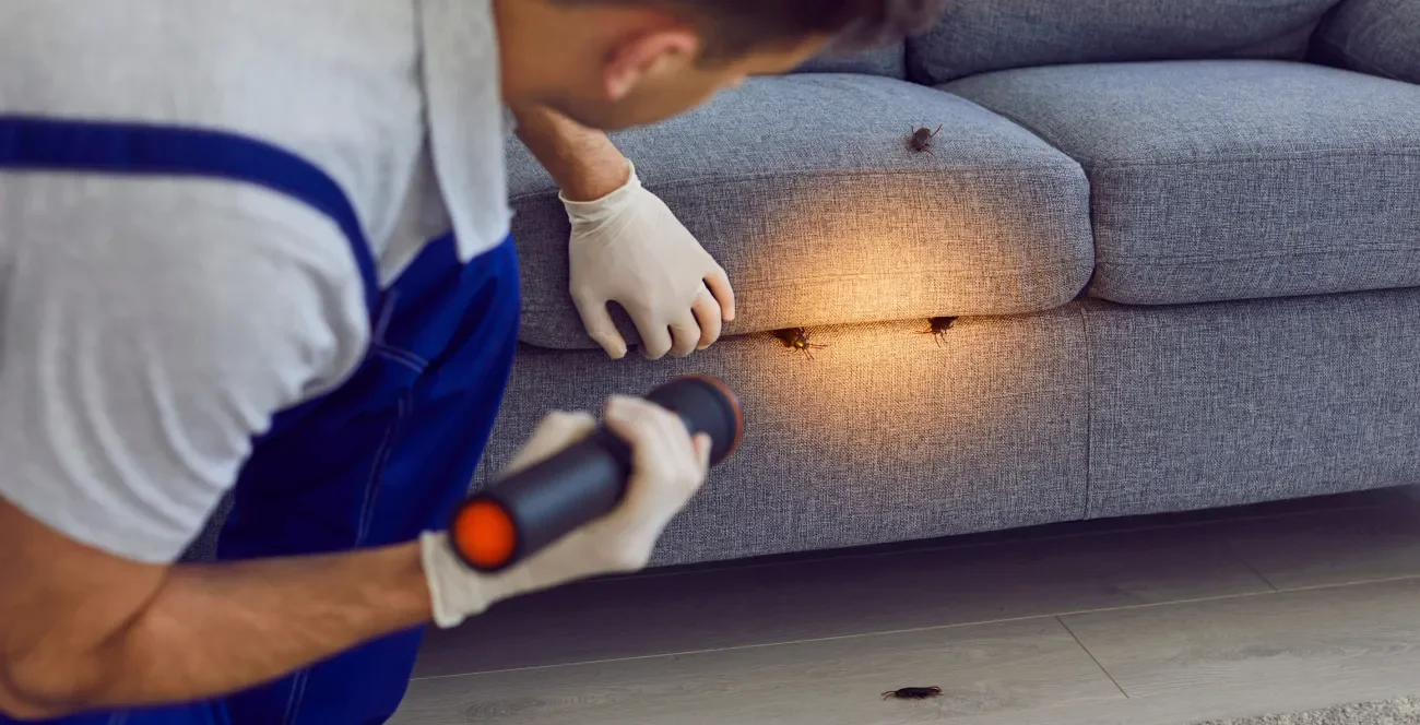 Schädlingsbekämpfer leuchtet auf große Kakerlaken an einem Sofa
