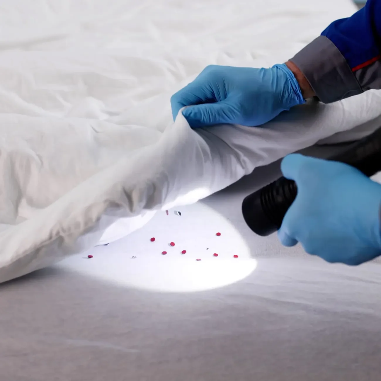 Schädlingsbekämpfer untersucht ein Bett auf Schädlingsbefall