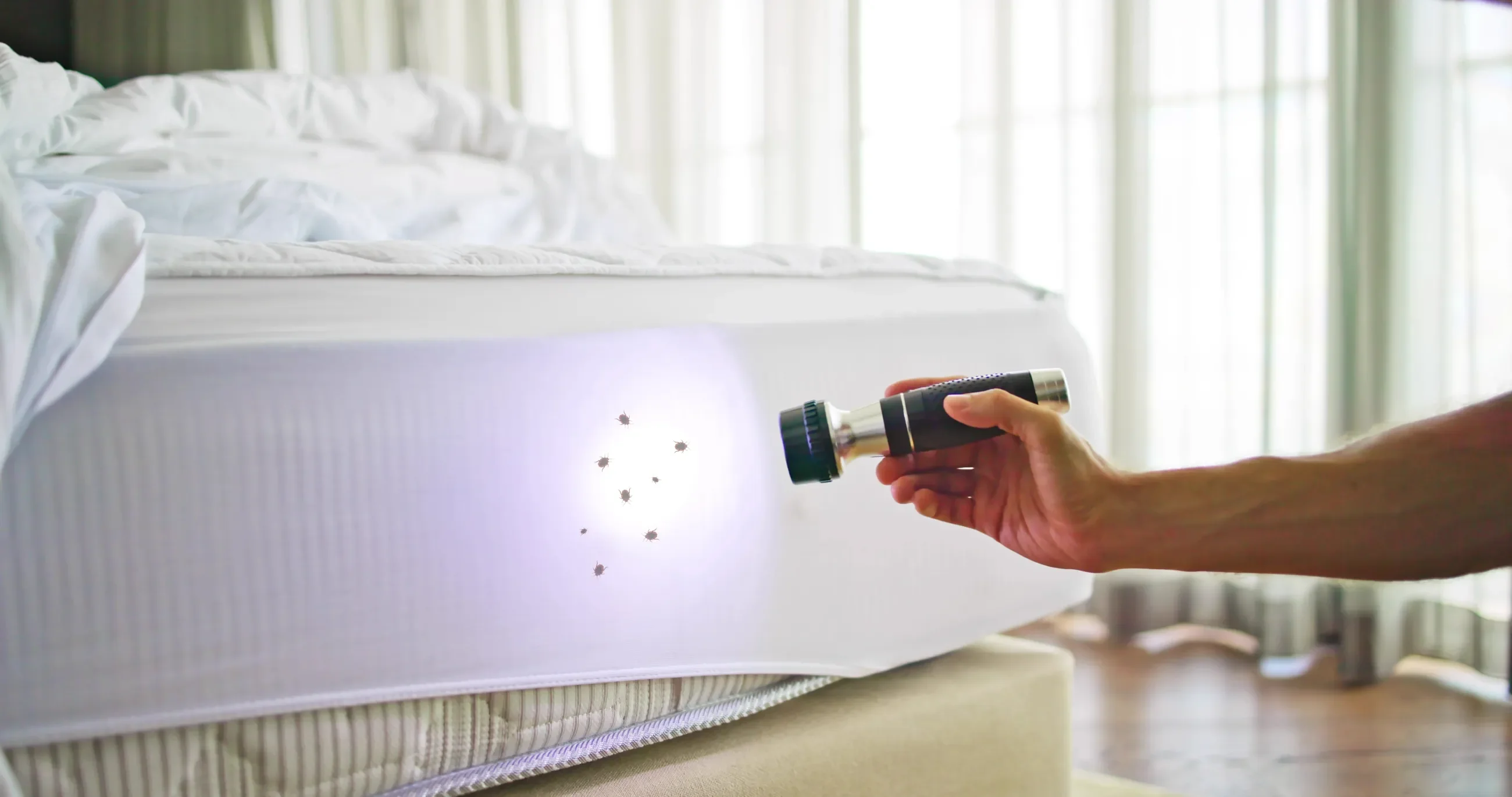 Person leuchtet mit Taschenlampe auf Bettwanzen unter dem Bettlaken eines Hotelbetts