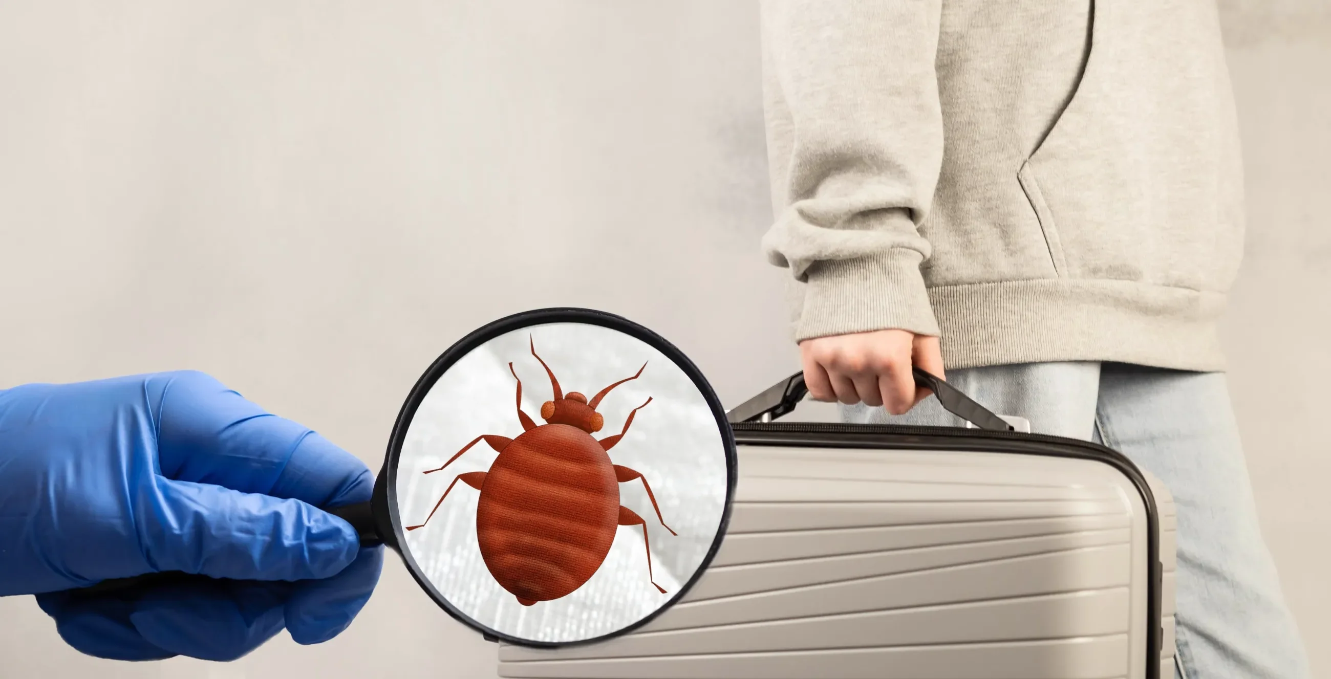 Person mit Koffer in der Hand, im Vordergrund Lupe mit animierter Bettwanze