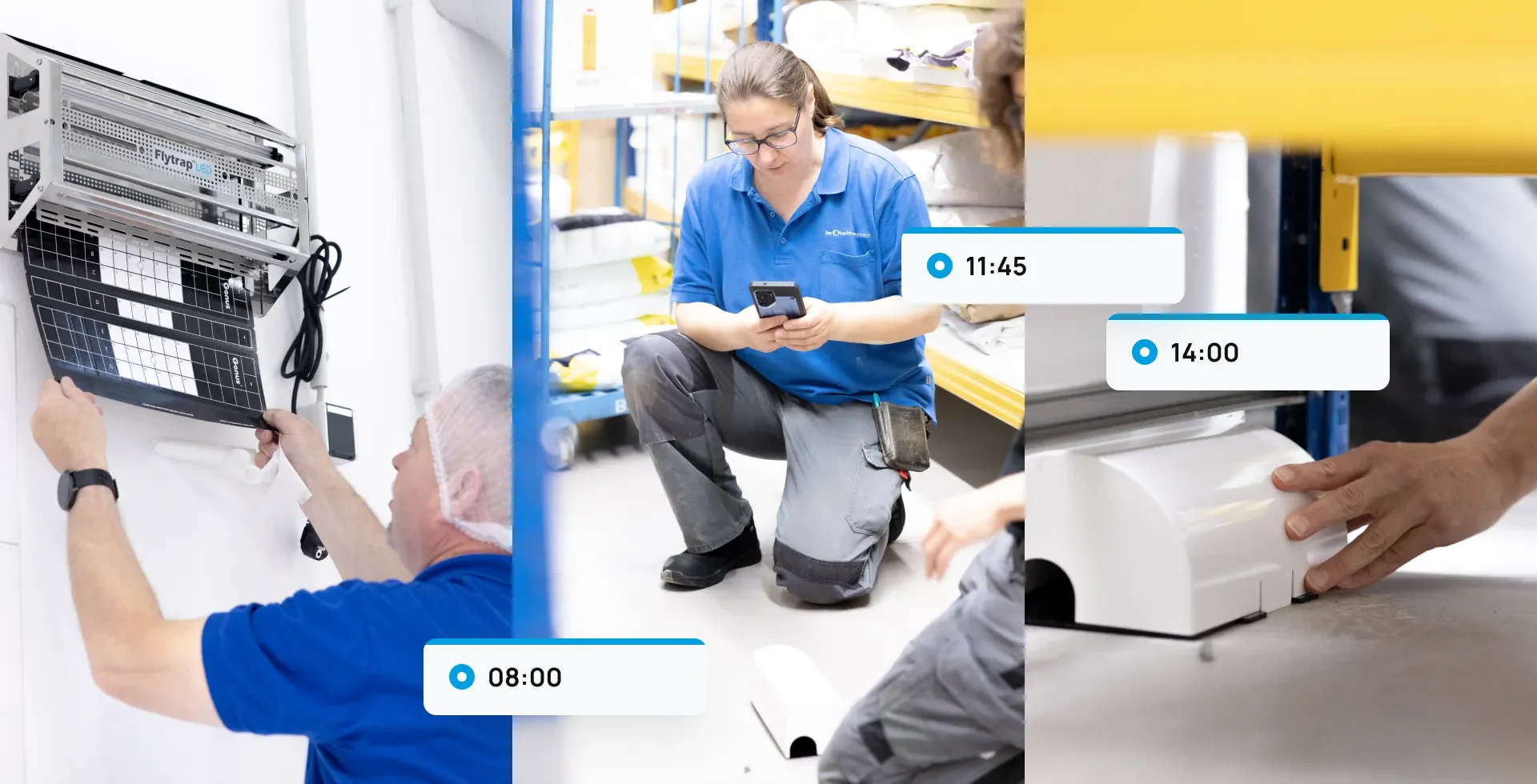 Collage von Schädlingsbekämpfern bei der Arbeit